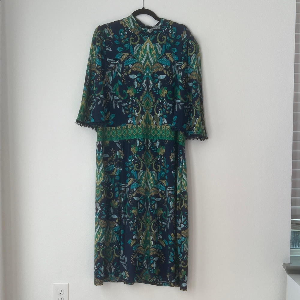Susan Graver Elegant Long Sleeve Dress in Green and Blue